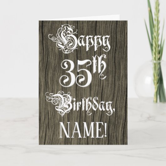 35th Birthday: Fancy, Elegant Text; Faux Wood Look カード (正面)