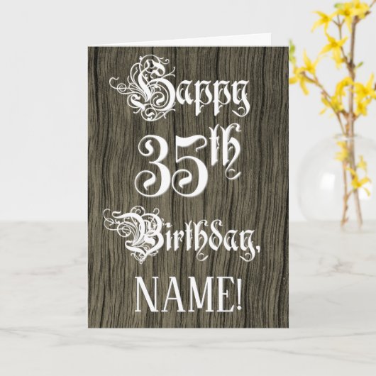 35th Birthday: Fancy, Elegant Text; Faux Wood Look カード (黄色い花)