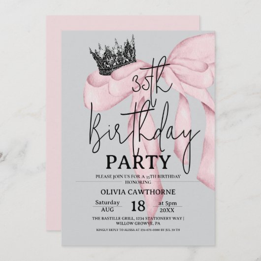 35th Birthday ⎮ Modern Royal Bow Birthday  招待状 (正面/裏面)