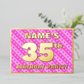 35th Birthday Party —おもしろいピンクのハートとストライプ 箔招待状 (立ち正面)