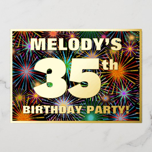 35th Birthday Party —おもしろい、カラフルFireworks Look 箔招待状 (正面)