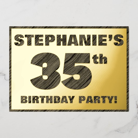 35th Birthday Party — はっきりしたWood Grainフェイク文字 箔招待状 (正面)