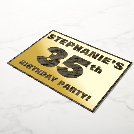 35th Birthday Party — はっきりしたWood Grainフェイク文字 箔招待状 (回転した状態)