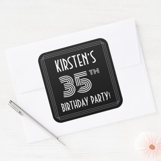 35th Birthday Party:アールデコスタイルと名前をカスタムする スクエアシール (封筒)
