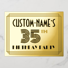 35th Birthday Party ~ Art Deco Style “35” + Name 箔招待状ポストカード
