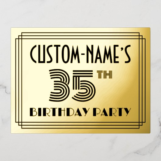 35th Birthday Party ~ Art Deco Style “35” + Name 箔招待状ポストカード (正面)