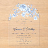 35th Birthday Party Dusty Blue Rose Floral Arch アクリル招待状 (正面)