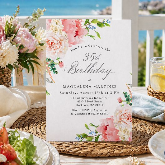 35th Birthday Party Feminine Pink Roses Floral Inv 招待状