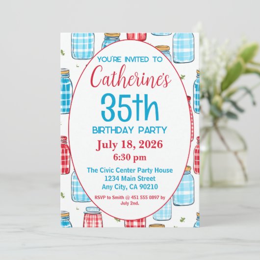 35th Birthday Party Invitation, Mason Jar Pattern 招待状 (スタンド正面)