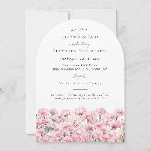 35th Birthday Pink Carnation January Birth Flower 招待状 (正面)