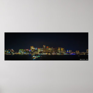 36インチx 12インチ、Boston Skyline at Night ポスター