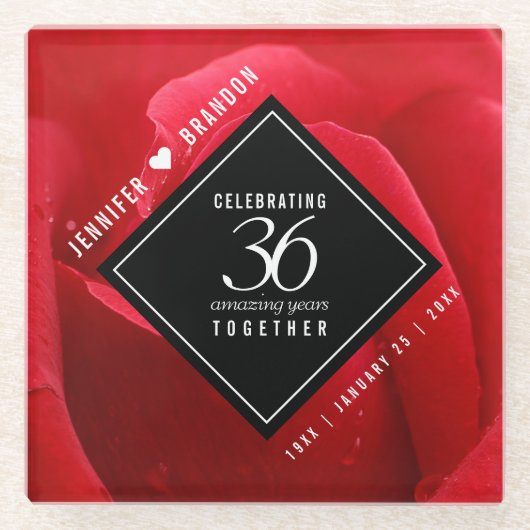 36エレガントバラ結婚記念日お祝い ガラスコースター (正面)