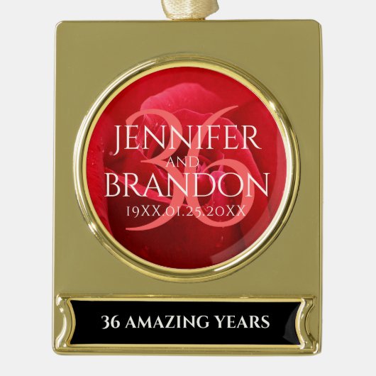 36エレガントバラ結婚記念日お祝い ゴールドプレートバナーオーナメント (正面)