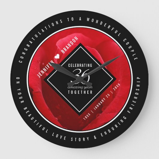 36エレガントバラ結婚記念日お祝い ラージ壁時計 (正面)