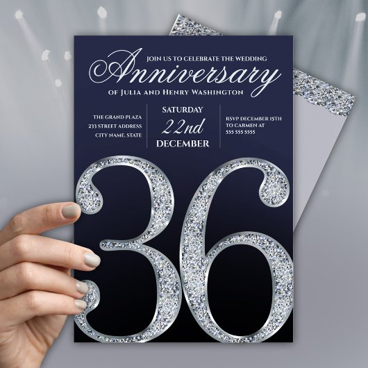 36周年記念ダイヤモンドシルバー紺デザイン 招待状