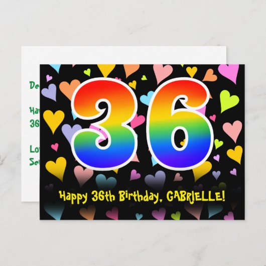 36歳の誕生日おめでとう:楽しいハート柄、虹36 ポストカード (正面/裏面)