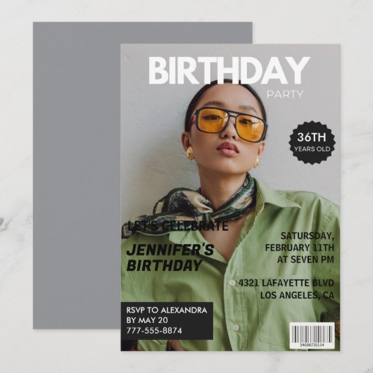 36歳の誕生日お祝い招待状 - グレーの女性誌風デザイン 招待状 (正面/裏面)