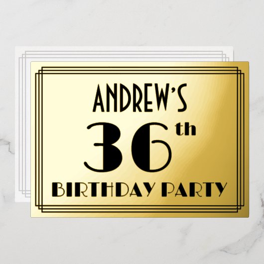 36歳の誕生日パーティー - アールデコ調「36」+名前 箔招待状 (正面/裏面)