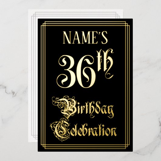 36歳の誕生日パーティー - ファンシーな筆記体とカスタムネーム 箔招待状 (正面/裏面)