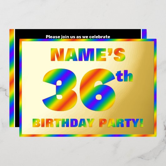 36歳の誕生日パーティー - 楽しい虹のスペクトル「36」 箔招待状 (正面/裏面)