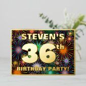 36歳の誕生日パーティー - 楽しくカラフルな花火のデザイン 箔招待状 (立ち正面)