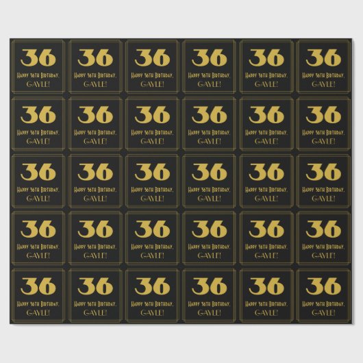 36歳の誕生日 – アールデコ風デザインの「36」&名前 ラッピングペーパー (フラット)