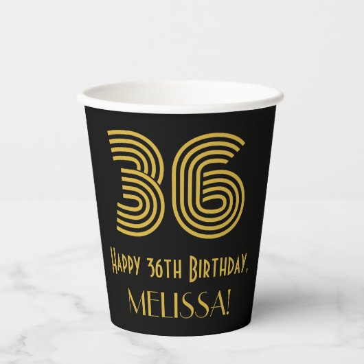 36歳の誕生日：アールデコ風デザイン「36」＆名前 紙コップ (正面)