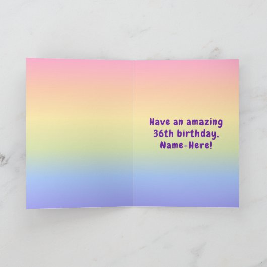 36誕生日カラフル:レインボー# 36,名前をカスタムする カード (内部)