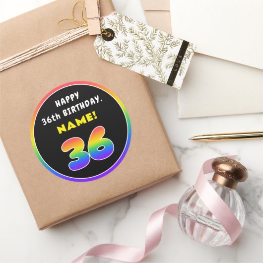 36誕生日カラフル:レインボー# 36,名前をカスタムする ラウンドシール (ギフト)