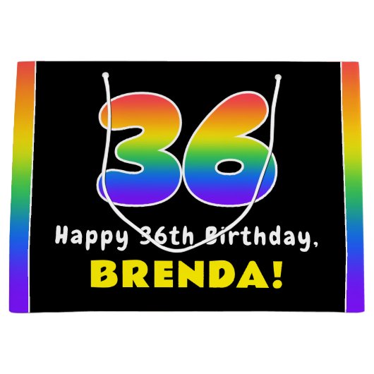 36誕生日カラフル:レインボー# 36,名前をカスタムする ラージペーパーバッグ (正面)