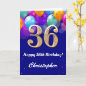 36誕生日ネイビーブルーと金ゴールドバルーンカラフル カード (黄色い花)