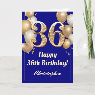 36誕生日ネイビーブルーと金ゴールドバルーン紙吹雪 カード