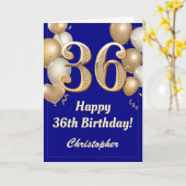 36誕生日ネイビーブルーと金ゴールドバルーン紙吹雪 カード (黄色い花)
