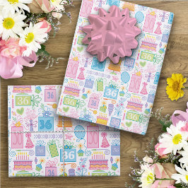 36誕生日パステルピンクケーキプレゼントバルーン ラッピングペーパーシート