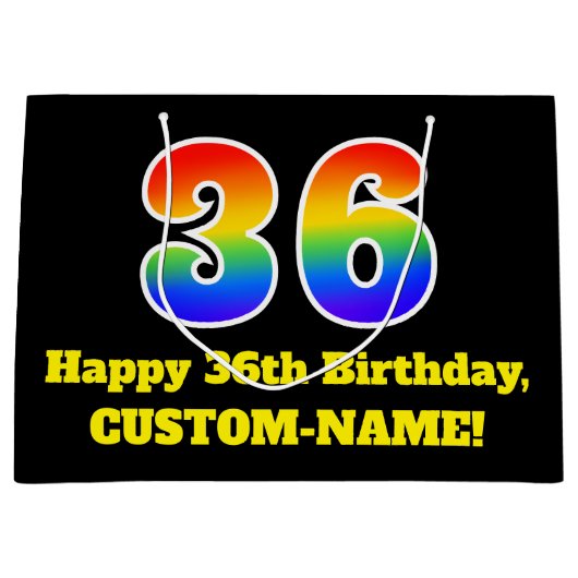 36誕生日~おもしろい, カラフル, 鮮やか, Rainbow 36 ラージペーパーバッグ (正面)