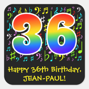 36誕生日:カラフル音楽シンボル、レインボー36 スクエアシール