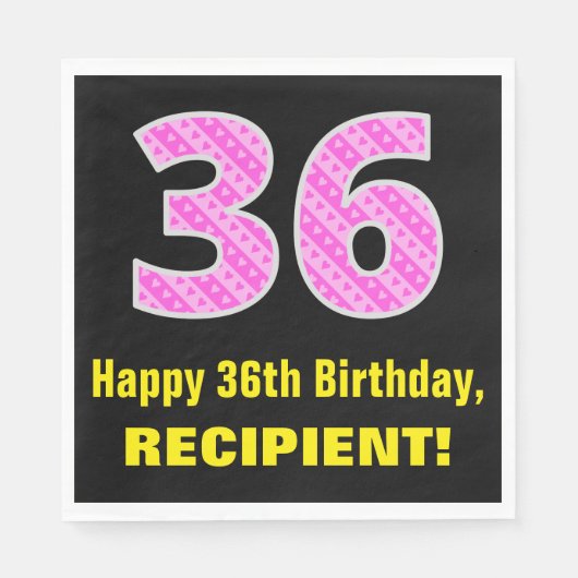 36誕生日:ピンクストライプのハートと36" +名前 スタンダードランチョンナプキン (正面)