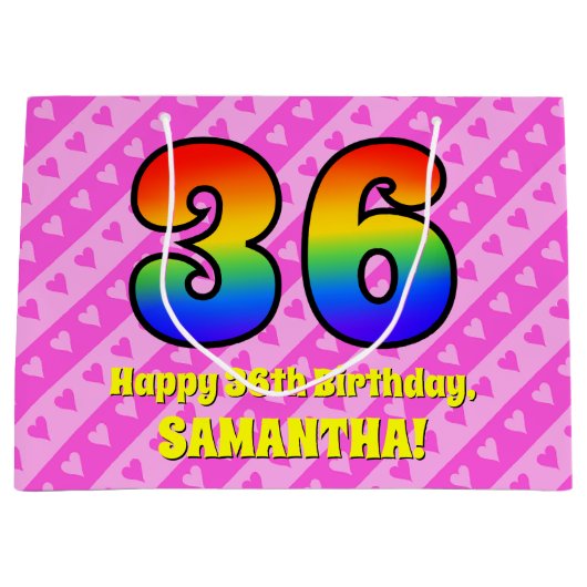 36誕生日：ピンクストライプのハート、レインボー# 36 ラージペーパーバッグ (正面)