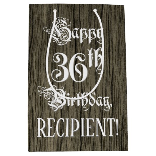 36誕生日: ファンシー, フェイク Wood Look +名前をカスタムする ミディアムペーパーバッグ (正面)