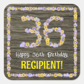 36誕生日:フローラ番号フェイク、木目、名前 スクエアシール (正面)
