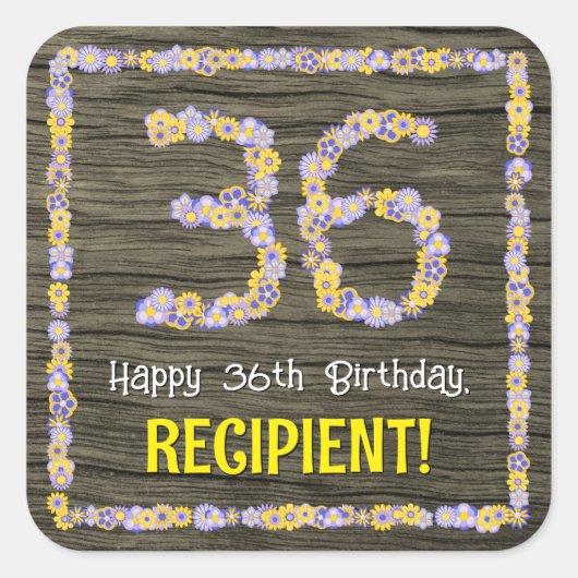 36誕生日:フローラ番号フェイク、木目、名前 スクエアシール (正面)