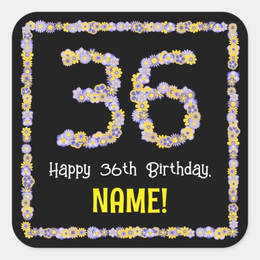 36誕生日:フローラ花数名前をカスタムする スクエアシール (正面)