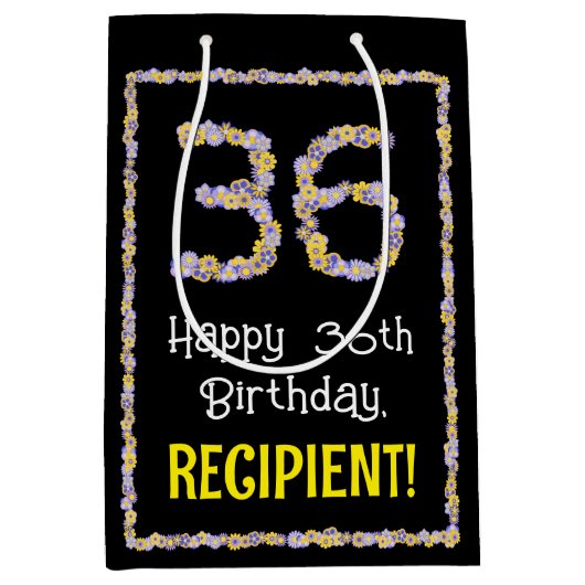 36誕生日:フローラ花数名前をカスタムする ミディアムペーパーバッグ (正面)