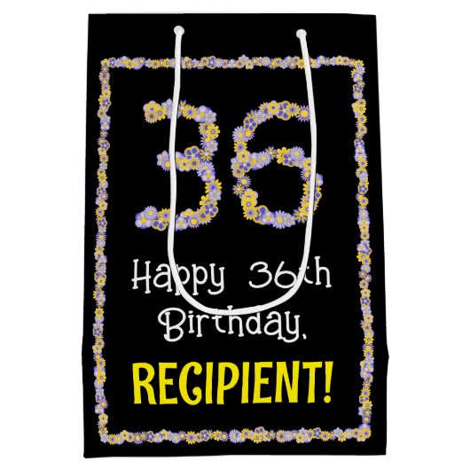 36誕生日:フローラ花数名前をカスタムする ミディアムペーパーバッグ (裏面)