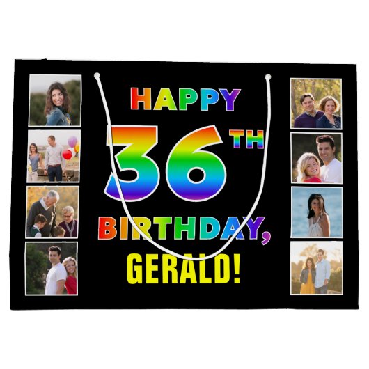 36誕生日:レインボー文字カスタム、写真&名前 ラージペーパーバッグ (裏面)