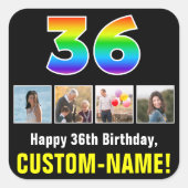 36誕生日:レインボー「36」、写真カスタムと名前 スクエアシール (正面)