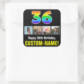 36誕生日:レインボー「36」、写真カスタムと名前 スクエアシール (バッグ)