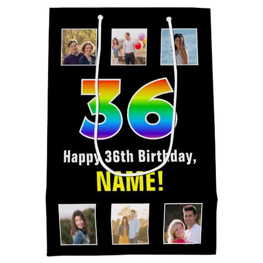 36誕生日: Rainbow "36",写真カスタムと名前 ミディアムペーパーバッグ (裏面)