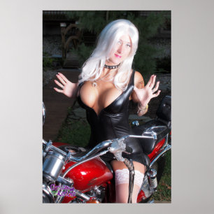 36" x24" Chrissyの子ネコの赤Motorcyle ポスター