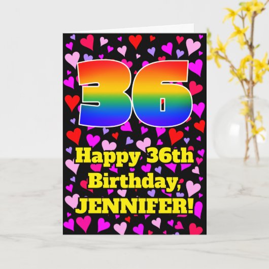 36th Birthday: Loving Hearts Pattern, Rainbow # 36 カード (黄色い花)